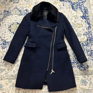 Club Monaco navy blue wool dress coat with fur collar